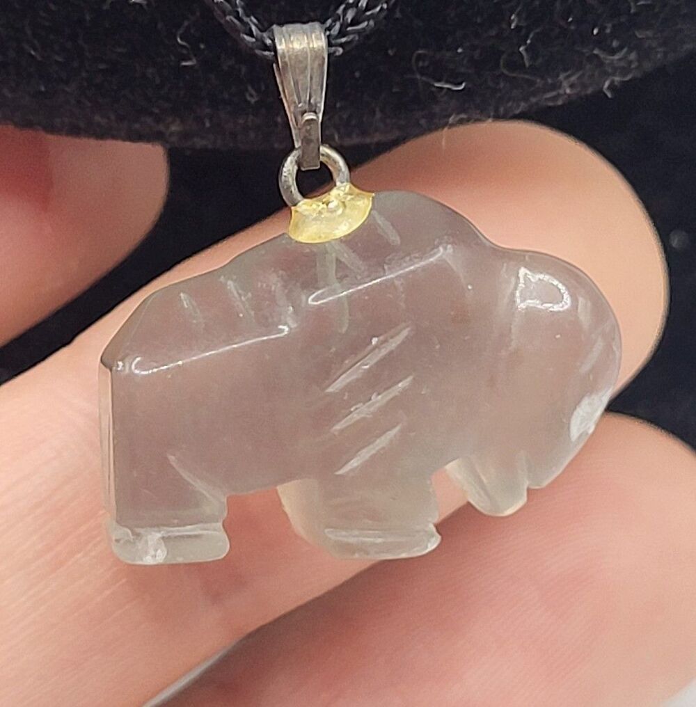 Estate Totem Carved Jade Buffalo Pendant 31in